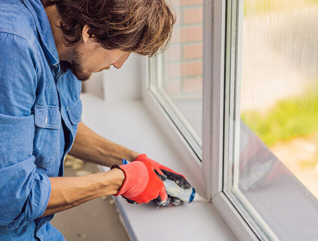 man insulating window
